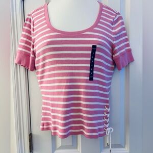 Chaps Classics, sz L, T-Shirt, Pink/White ribbed scoop neck, nautical, NWT